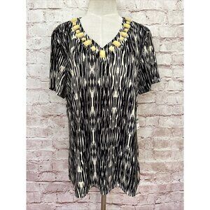 JM Collection Womens Knit Top Jeweled V Neck Black Ivory Ethnic Print Size L NEW
